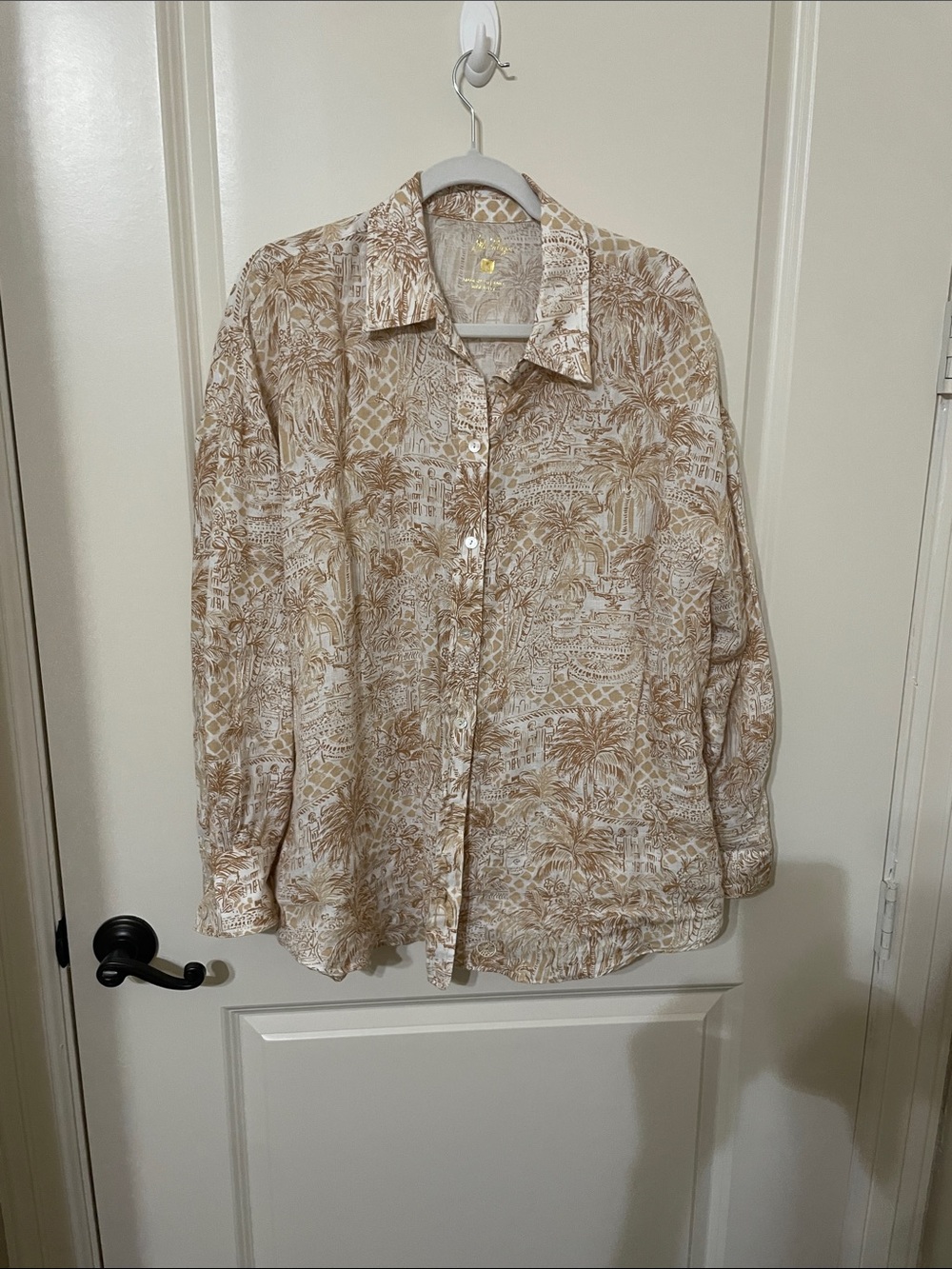 Lilly Pulitzer Linen, Cream and Tan Printed Button-Down Shirt